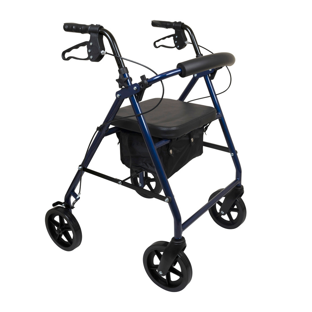 The ProBasics Deluxe Lightweight Aluminum Rollator features four 8 black wheels, hand brakes, a padded seat, and a storage pouch beneath the seat to assist with walking and provide a convenient resting spot.